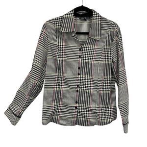 Abbie Mags Houndstooth Button up Shirt size Large Long Sleeves black Multi color